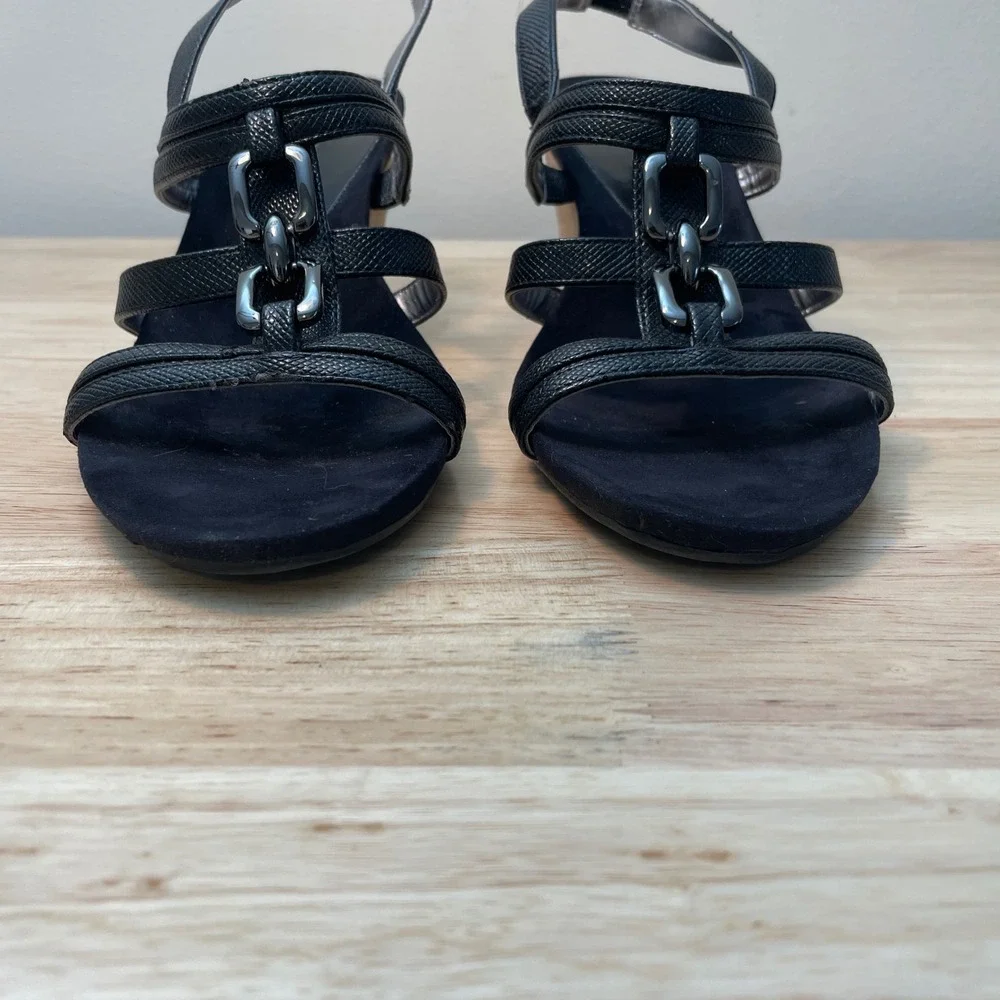 AK Anne Klein Chanatj Black Textured Cork Wedge Slingback Sandals‎ 9M